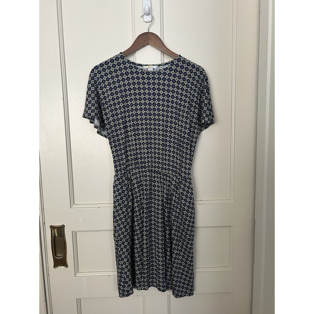 Boden Tiled Print Stretch Midi Dress Womens Size 10 Blue Green Comfort Preppy